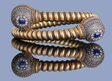 14K Yellow Gold Diamond Sapphire Victorian Bypass Bracelet, App. Wt.- 31.2 grams, Dia.- 2 1/8 in.