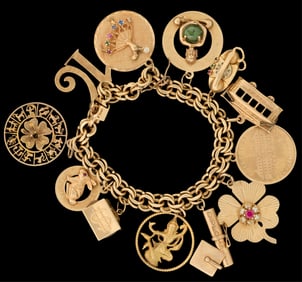 14K Yellow Gold Charm Bracelet, App. Wt.- 67 grams; L.- 7 1/4 in.