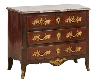 French Louis XV Style Marble Top Walnut Commode, 19th c., H.- 34 1/2 in., W.- 44 in., D.- 21 1/2 in.