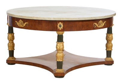 Large Exceptionally Rare French Empire Marble Top Gilt Vert Mahogany Center Table, early 19th c.,