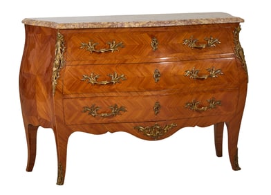 French Louis XV Style Marble Top Ormolu Mounted Parquetry Bombe Commode, 20th c., H.- 36 1/4 in.,