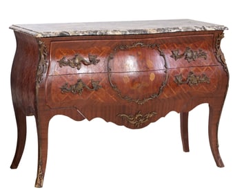 French Louis XV Style Marble Top Ormolu Mounted Parquetry and Marquetry Bombe Commode, 20th c., H.-