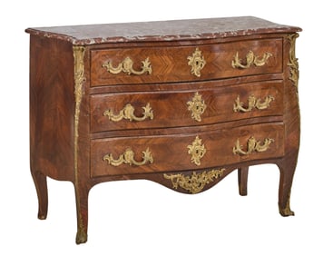 French Louis XV Style Ormolu Mounted Marble Top Parquetry Commode, late 19th c., H.- 33 1/2 in., W.-
