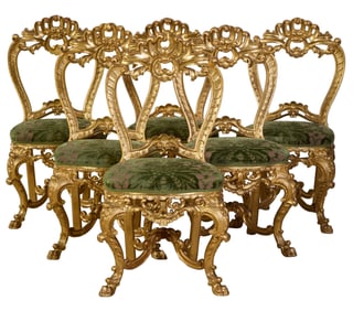 Six Spanish Style Rococo Giltwood and Gesso Dining Chairs, 20th c., Each- H.- 43 in., W.- 21 in.,