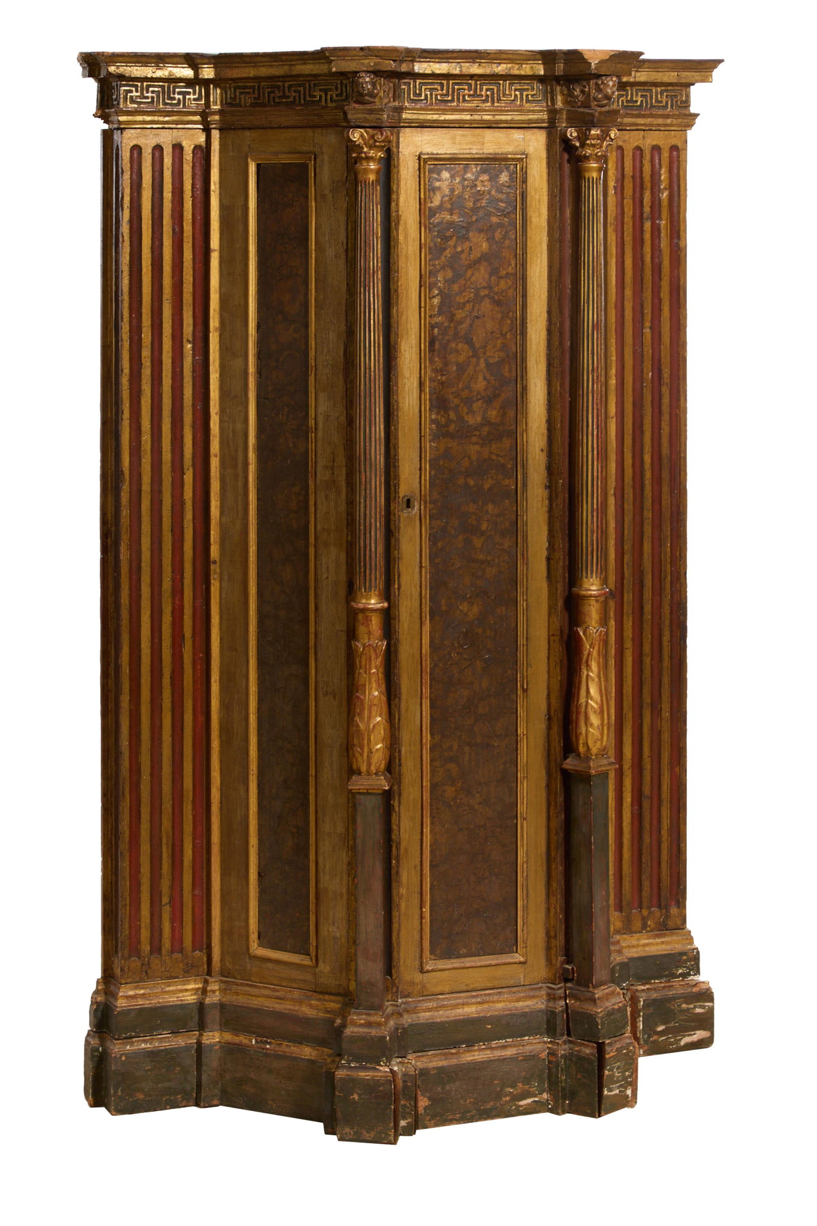 Antique Italian Gilt and Faux Burl Painted Cabinet, 19th c., H.- 74 in., W.- 46 in., D.- 17 in.: Antique Italian Gilt and Faux Burl Painted Cabinet, 19th c., the dimensional cornice over projected slender door flanked by canted ionic topped reverse tapered columnettes with foliated bulbous bases