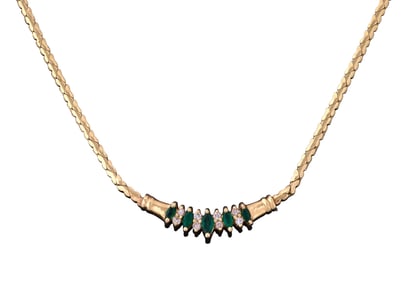 Italian 14K Yellow Gold, Emerald and Diamond Necklace, App. Wt.- 11.5 grams; L.- 14 in.