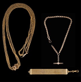 Three Yellow Gold Watch Chains, App. Wt.- 80 grams; Longest- L.- 32 in.