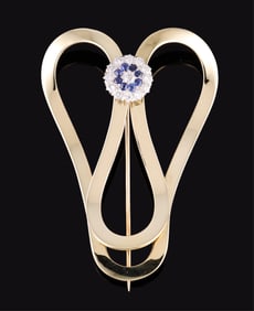 14K Yellow Gold Diamond and Sapphire Brooch, App. Wt.- 21.99 grams; H.- 2 1/2 in., W.- 1 3/4 in.