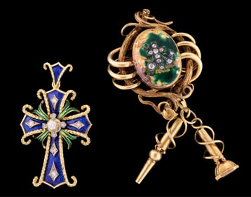 Two Pieces of Yellow Gold Diamond and Enamel Jewelry, App. Wt.- 40.4 grams; Cross- H.- 2 1/4 in.,