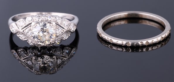 Platinum and Diamond Art Deco Wedding Set, App. Wt.- 5.6 grams; Each- Size- 6 1/2 (2 Pcs.).