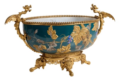 Large Gilt Bronze Mounted Porcelain Sevres Style Center Bowl, early 20th c., H.- 12 in., W.- 30 1/4