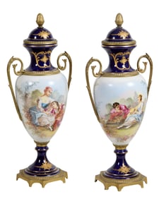 Pair of French Hand-Painted Cobalt Porcelain Bronze Mounted Urns, 20th c., H.- 16 1/2 in., W.- 6 3/4