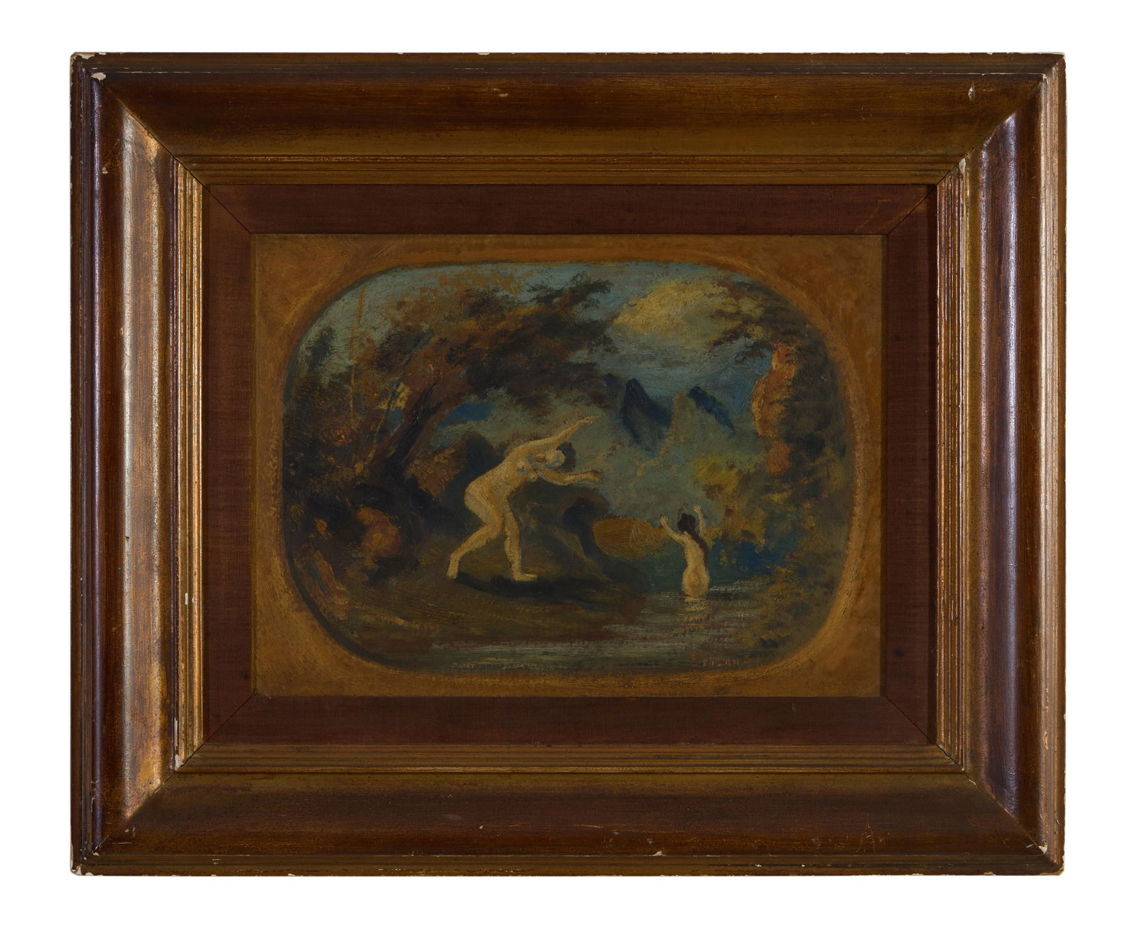 Louis Michel Eilshemius (American/New Jersey/New York, 1864-1941), "Nude Bathers," H.- 10 1/2 in.,: Louis Michel Eilshemius (American/New Jersey/New York, 1864-1941), "Nude Bathers," oil on wood panel, signed lower right, presented in linen lined giltwood frame, H.- 10 1/2 in., W.- 14 1/4 in., Frame