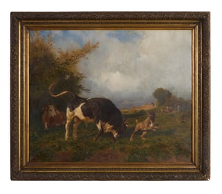 Jules Didier (French, 1831-1892), "Dog and Bull Standoff," 1873, H.- 27 in., W.- 33 1/4 in., Framed
