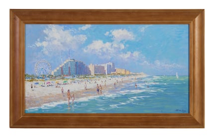 Niek van der Plas (Dutch, b. 1954), "Daytona Beach," H.- 18 1/8 in., W.- 33 in., Framed H.- 23 1/2