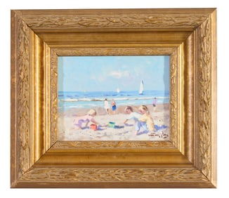 Niek van der Plas (Dutch, b. 1954), "Children Playing at the Beach," H.- 6 in., W.- 8 in., Framed