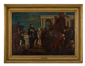 After Paolo Veronese (Italian, 1528-1588), "St. Sebastian Before Diocletian," early 19th c., H.- 29