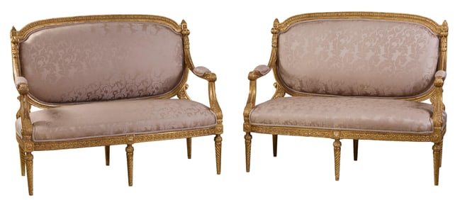 Pair of Italian Style Giltwood and Gesso Settees, 20th c., Each- H.- 42 in., W.- 52 in., D.- 22 in.