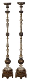 Pair of Spanish Style Glass and Metal Floor Candlesticks, 20th c., Each- H.- 56 in., W.- 9 in., D.-