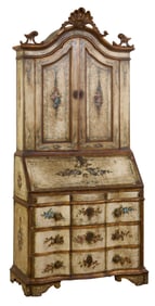Continental Gilt Decorated Creme Peinte Secretary Bookcase, 20th c., H.- 90 in., W.- 39 in., D.- 18