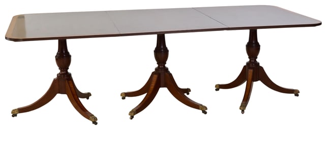 English Regency Style Banded Mahogany Triple Pedestal Dining Table, 20th c., Without Leaves- H.- 29
