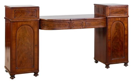 English Regency Inlaid Mahogany Pedestal Sideboard, early 19th c., H.- 46 in., W.- 87 1/2 in., D.-
