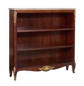 French Louis XV Style Ormolu Mounted Marble Top Parquetry Bookcase, 20th c., H.- 52 in., W.- 53 in.,