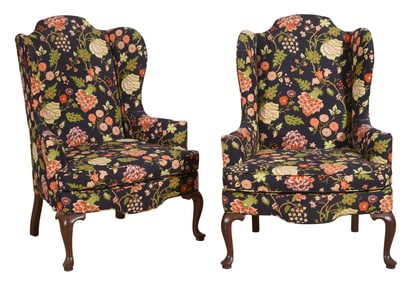 Pair of English Georgian Style Wingback Chairs, 20th c., Each- H.- 45 in., W.- 31 in., D.- 24 in. (2