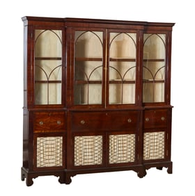 English Sheraton Mahogany Breakfront Bookcase, early 19th c., H.- 92 1/2 in., W.- 88 in., D.- 18 1/2