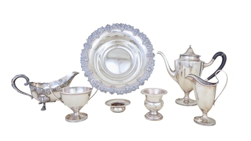Seven Pieces of American Silver Tableware, App. Total Sterling Wt.- 33.80 Troy oz., Bowl- H.- 2 in.,