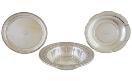 Three Pieces of Sterling Tableware, App. Total Sterling Wt.- 39.43 Troy oz.; Bowl- H.- 2 1/2 in.,