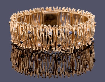 14K Yellow Gold Diamond and Sapphire "Bark" Link Bracelet, App. Wt.- 59.5 grams; L.- 7 1/8 in.