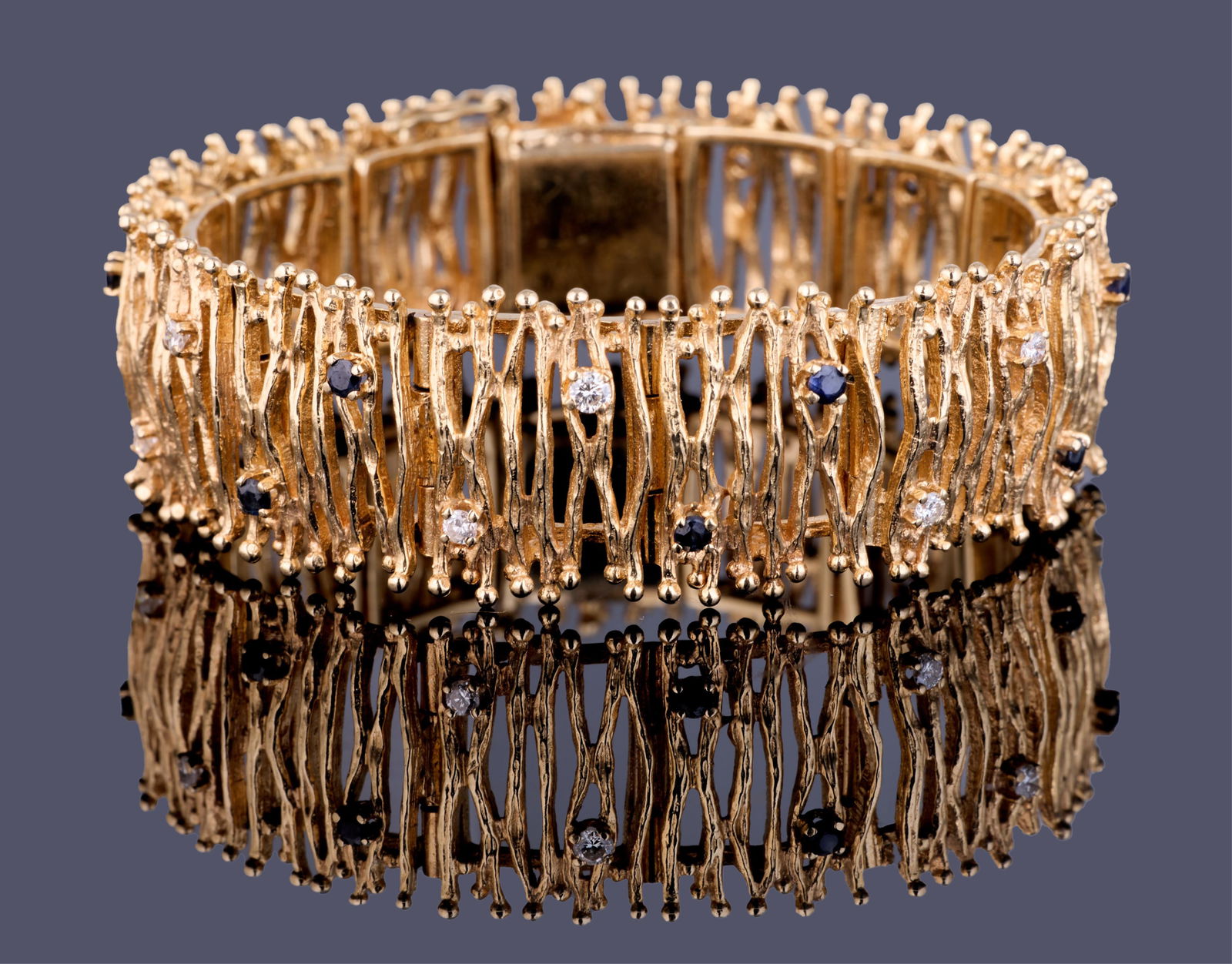 14K Yellow Gold Diamond and Sapphire "Bark" Link Bracelet, App. Wt.- 59.5 grams; L.- 7 1/8 in. (1 of 1)