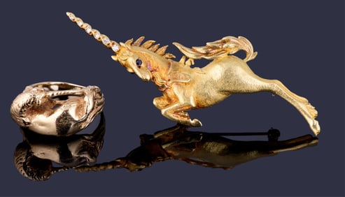 Two Pieces of Yellow Gold Unicorn Motif Jewelry, App. Wt.- 27.5 grams; Brooch- H.- 2 3/4 in., W.- 1