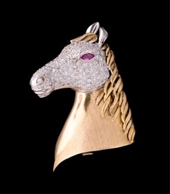 Large 18K Two-Tone Gold Horse Head Brooch, App. Wt.- 30.9 grams; H.- 2 1/4 in., W.- 1 1/2 in.