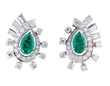 Pair of 14K White Gold Emerald and Diamond Earrings, App. Wt.- 11.1 grams; Each- H.- 15/16 in., with