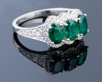 Ladies' 18K White Gold Emerald and Diamond Ring, App. Wt.- 3.9 grams; Size- 6 1/2.