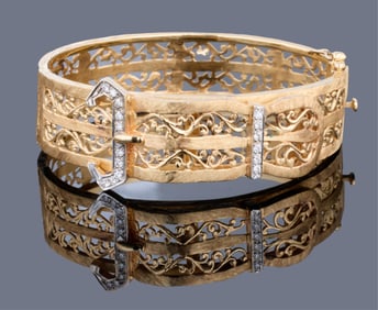 14K Yellow Gold Diamond Bangle, App. Wt.- 37.2 grams; Int. H.- 1 7/8 in., Int. W.- 2 1/4 in.