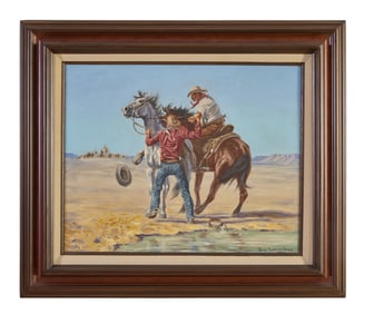 Joe Ruiz Grandee (American/Texas, 1929-2021), "Cowboys Fleeing Before Incoming Attack," 20th c., H.-