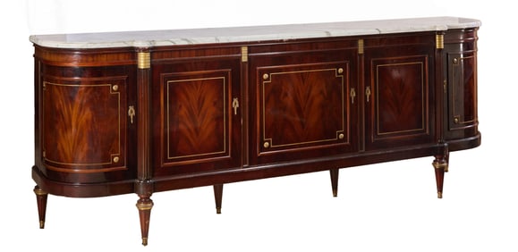 French Louis XVI Style Brass Mounted Marble Top Walnut Enfilade, early 20th c., H.- 39 in., W.- 104