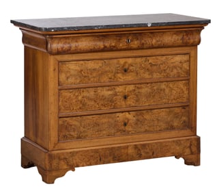 French Louis Philippe Marble Top Burled Walnut Commode, mid 19th c., H. 36 3/4 in., W.- 45 1/2 in.,
