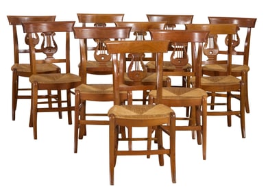 Ten French Provincial Cherry Lyre Back Side Chairs, 20th c., Each- H.- 34 in., W.- 16 1/2 in., D.-