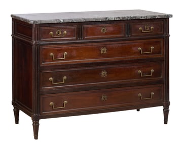 French Louis XVI Style Marble Top Walnut Commode, late 19th c., H.- 37 3/4 in., W.- 51 1/4 in., D.-