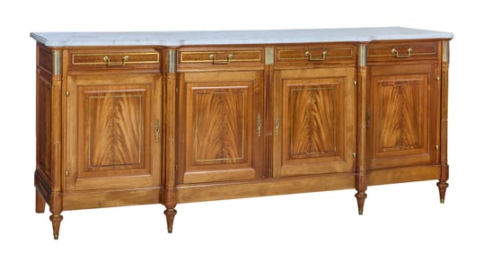 French Louis XVI Style Marble Top Brass Inlaid Mahogany Enfilade, 20th c., H.- 41 1/2 in., W.- 99