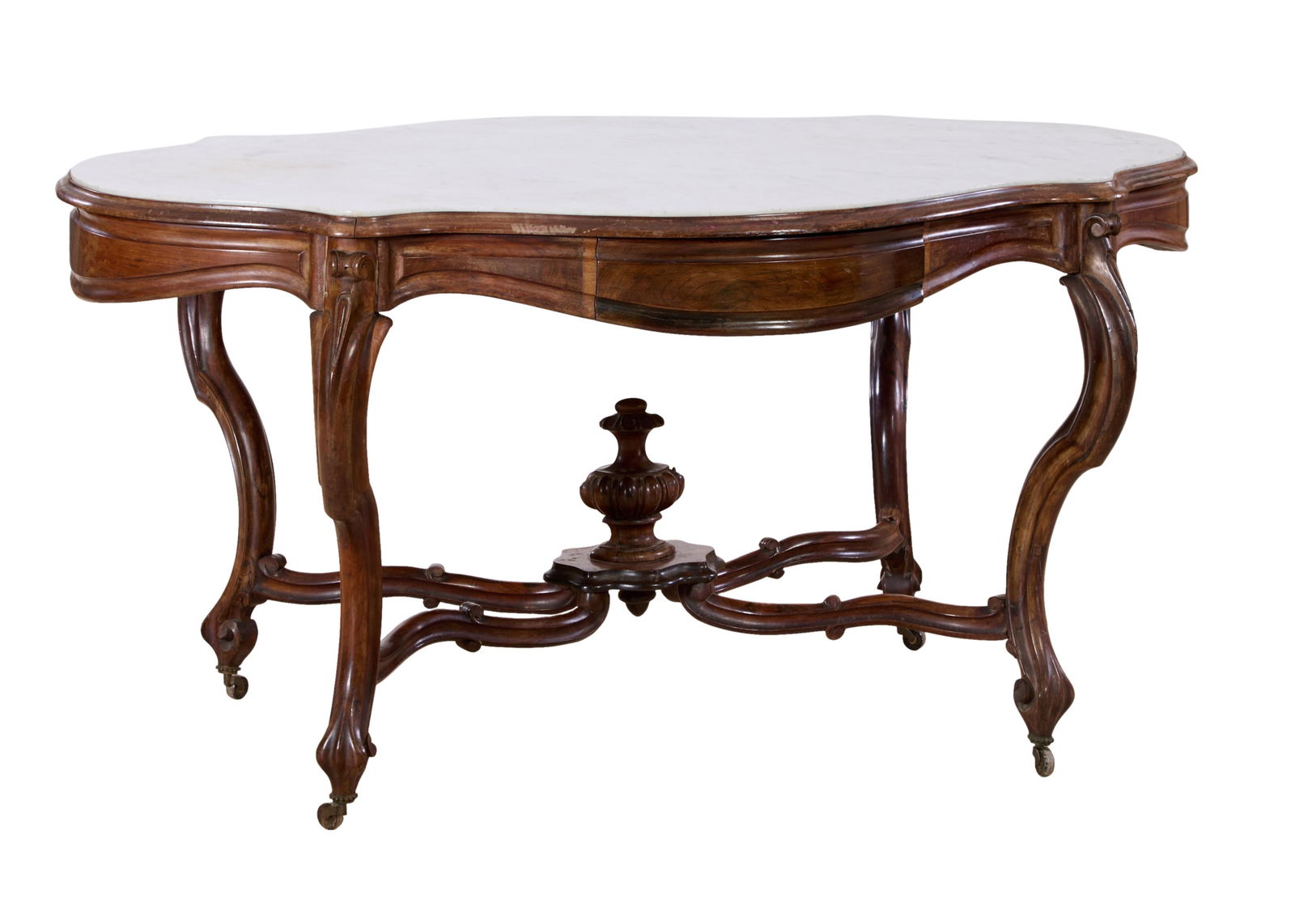 French Napoleon III Marble Top Carved Walnut Center Table, late 19th c., H.- 29 1/2 in., W.- 58 1/2 (1 of 2)