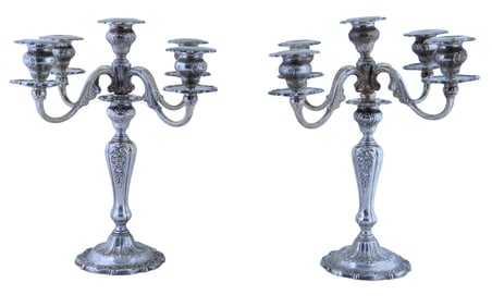 Pair of Gorham Weighted Sterling Six Light Candelabra, 20th c., Candelabra- H.- 15 in., Dia.- 15 in.