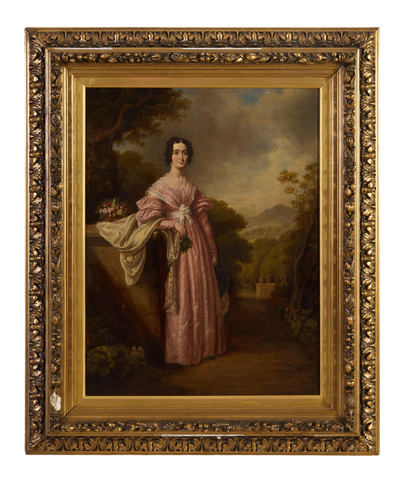 William John Thomson, R.A./R.S.A. (American/Scottish, 1771-1845), "Portrait of a Lady in a Garden,: William John Thomson, R.A./R.S.A. (American/Scottish, 1771-1845), "Portrait of a Lady in a Garden, Probably Mrs. William (Mary) Somerville (1780-1872)," 1837, oil on wood panel with "Roberson & Miller
