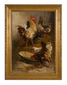 Henry Schouten (Belgian, 1859/1867-1927), "Chickens Grazing," H.- 28 1/2 in., W.- 21 in., Framed H.-