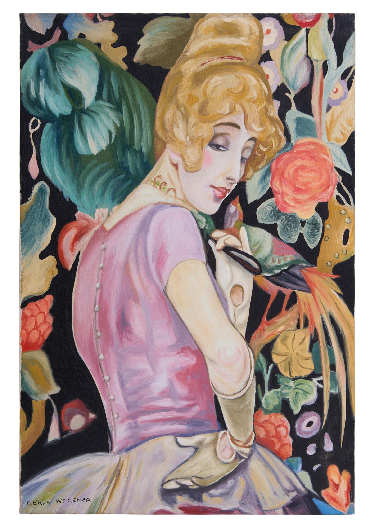 Attributed to Gerda Wegener (Danish, 1885-1940), "Lili Med Fjerkost (Lili with a Duster Fan)," H.-: Attributed to Gerda Wegener (Danish, 1885-1940), "Lili Med Fjerkost (Lili with a Duster Fan)," oil on canvas, signed lower left, titled on "Galerie Mathias Fels, Paris" label with gallery stamps en ve