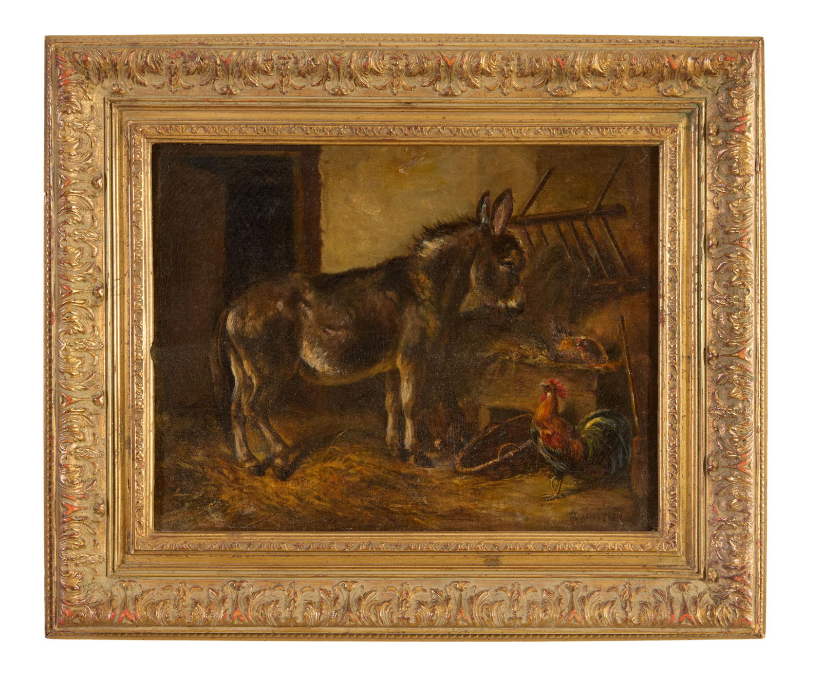 Anton Hochstein (German/American, 1832-1909), "Animals in the Barn," H.- 13 3/4 in., W.- 18 in.,: Anton Hochstein (German/American, 1832-1909), "Animals in the Barn," oil on canvas, signed lower right, presented in a wide gilt and gesso frame, H.- 13 3/4 in., W.- 18 in., Framed- H.- 20 3/4 in., W.